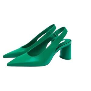 Zara Green Triangle Block Heel Pointed Toe Vintage Inspired wedding guest